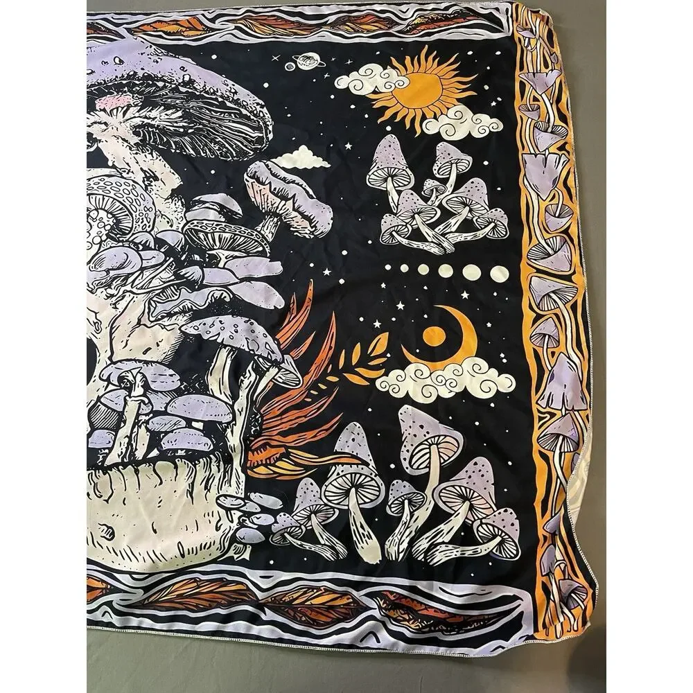 Psychedelic Mushroom Tapestry Black Celestial Sun Moon Stars Trippy Wall Hanging